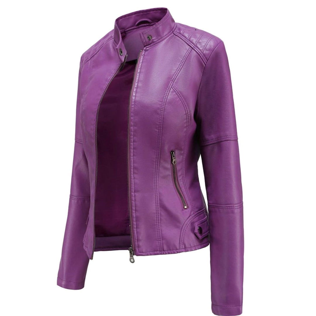 Women's Slim-Fit Faux Leather Biker Jacket Stand Collar Zip