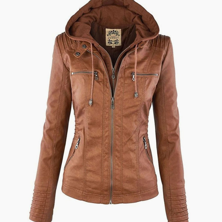 Women's Slim-Fit Hooded Faux Leather Zip-Up Biker Jacket - Khaki
