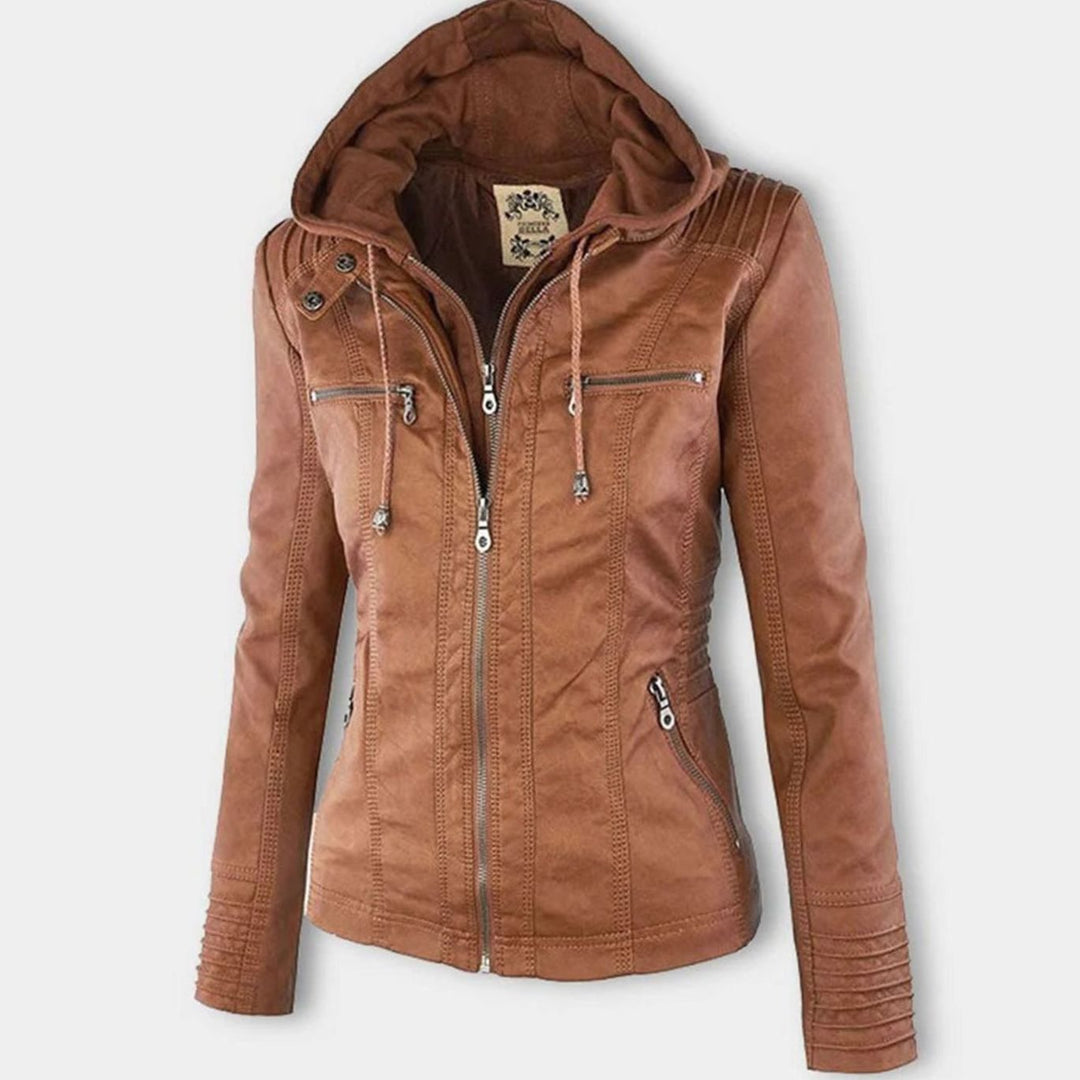 Women's Slim-Fit Hooded Faux Leather Zip-Up Biker Jacket