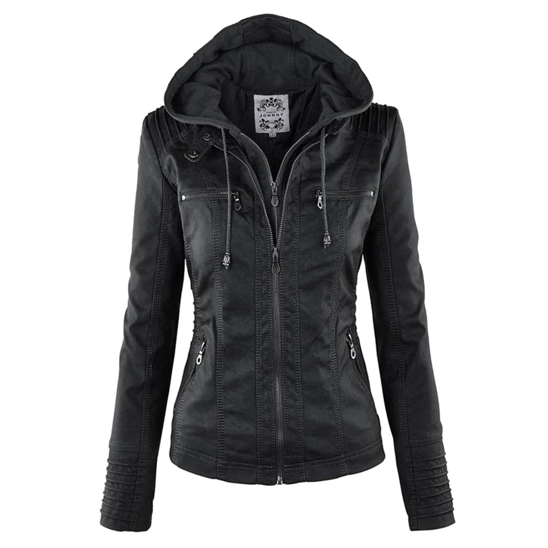Women's Slim-Fit Hooded Faux Leather Zip-Up Biker Jacket - Black