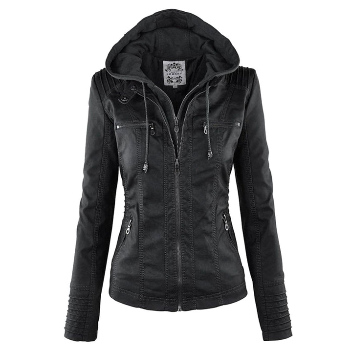 Women's Slim-Fit Hooded Faux Leather Zip-Up Biker Jacket - Black