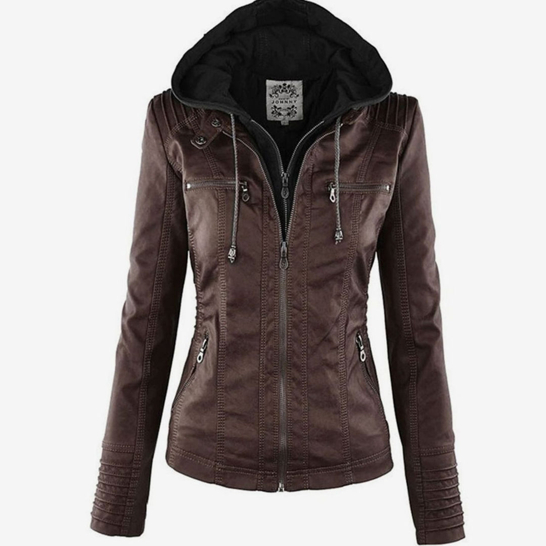 Women's Slim-Fit Hooded Faux Leather Zip-Up Biker Jacket - Brown