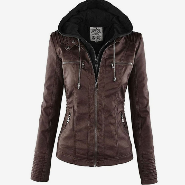 Women's Slim-Fit Hooded Faux Leather Zip-Up Biker Jacket - Brown