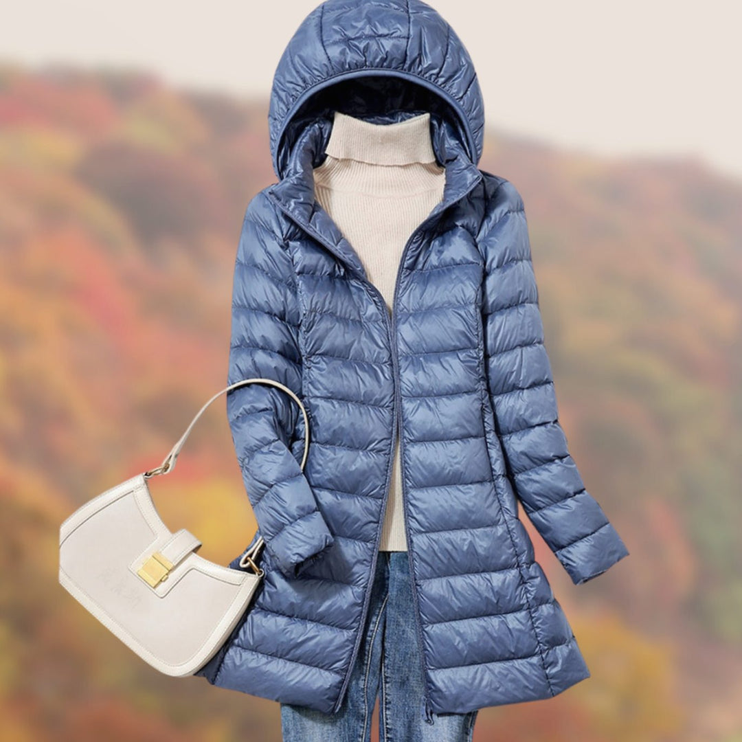 Women's Slim-Fit Hooded Puffer Jacket Lightweight Zip-Up Long Coat - Blue
