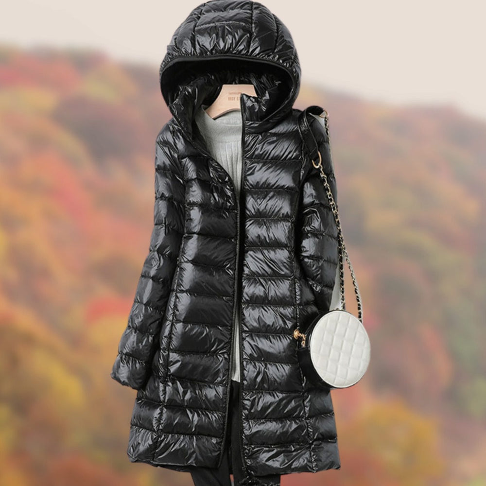 Women's Slim-Fit Hooded Puffer Jacket Lightweight Zip-Up Long Coat - Black