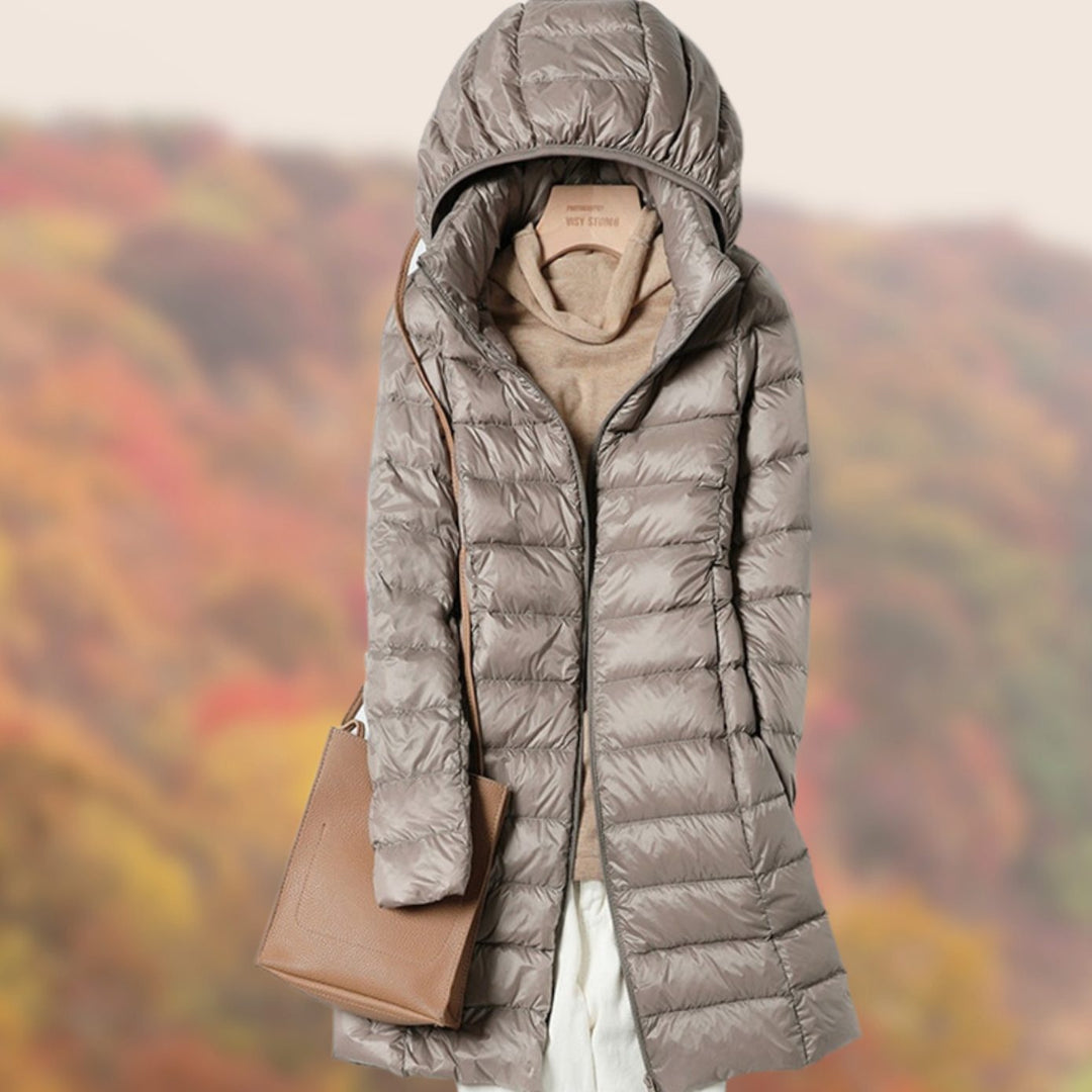 Women's Slim-Fit Hooded Puffer Jacket Lightweight Zip-Up Long Coat - Khaki