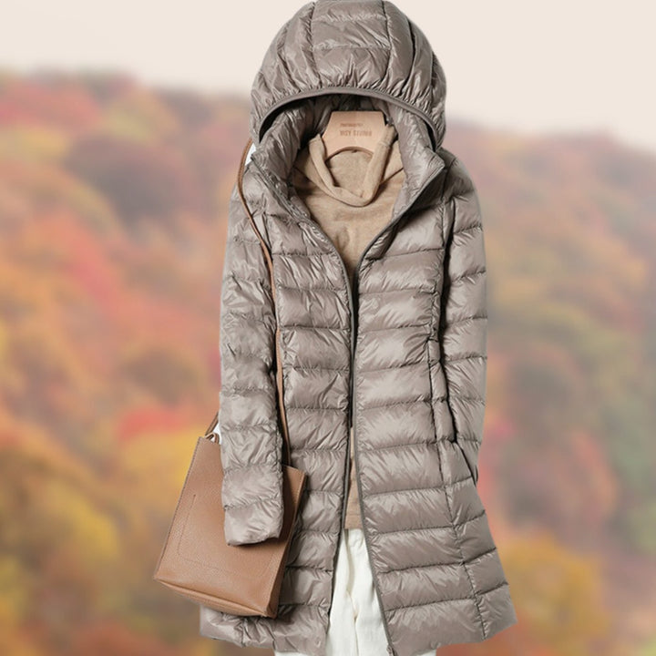 Women's Slim-Fit Hooded Puffer Jacket Lightweight Zip-Up Long Coat - Khaki