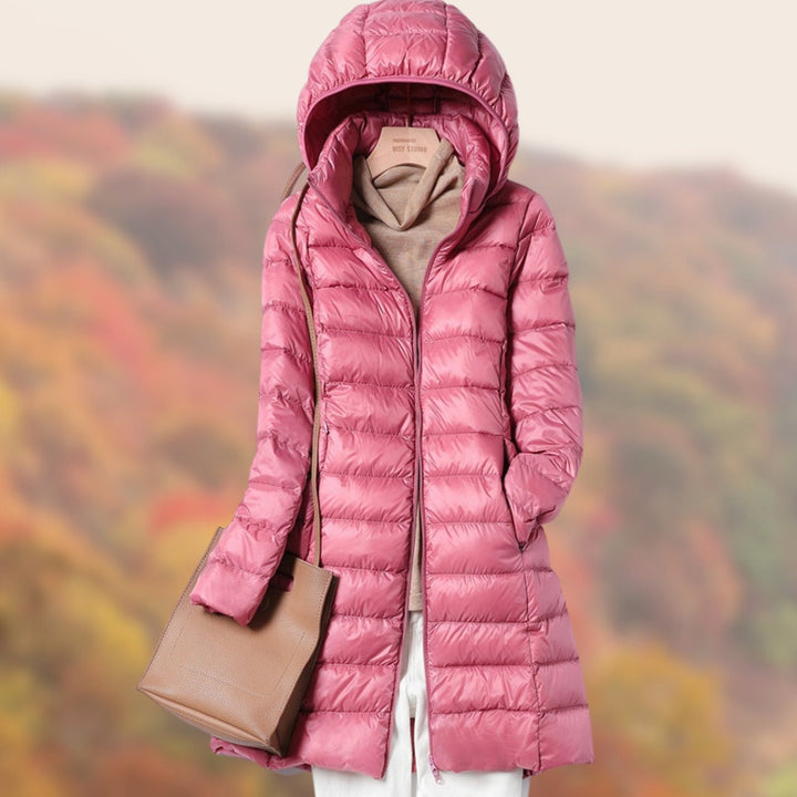 Women's Slim-Fit Hooded Puffer Jacket Lightweight Zip-Up Long Coat - Pink