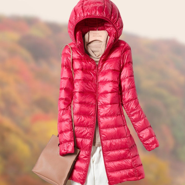 Women's Slim-Fit Hooded Puffer Jacket Lightweight Zip-Up Long Coat - Red