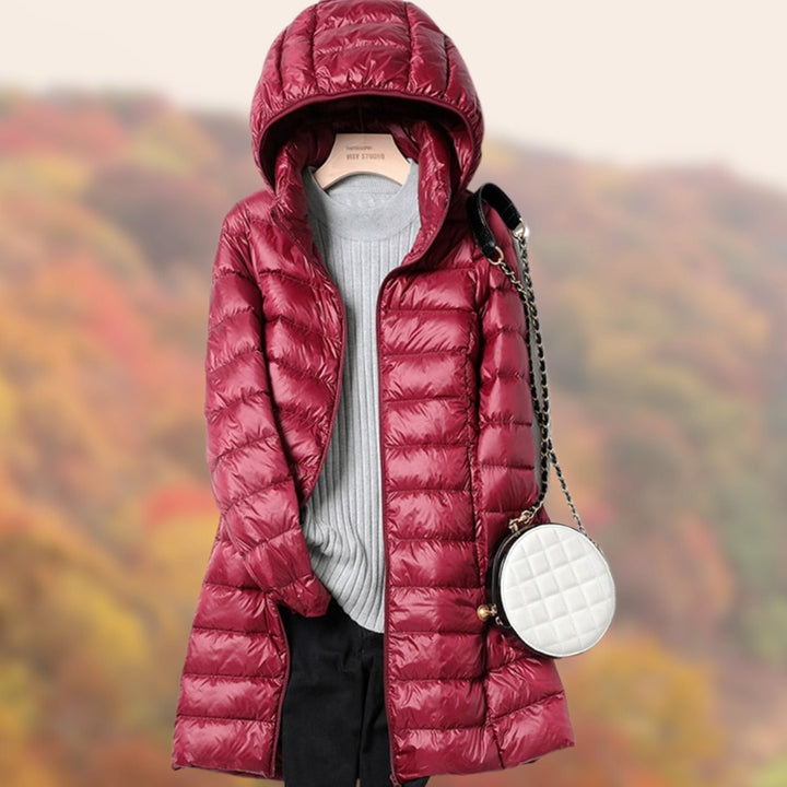 Women's Slim-Fit Hooded Puffer Jacket Lightweight Zip-Up Long Coat - Burgundy