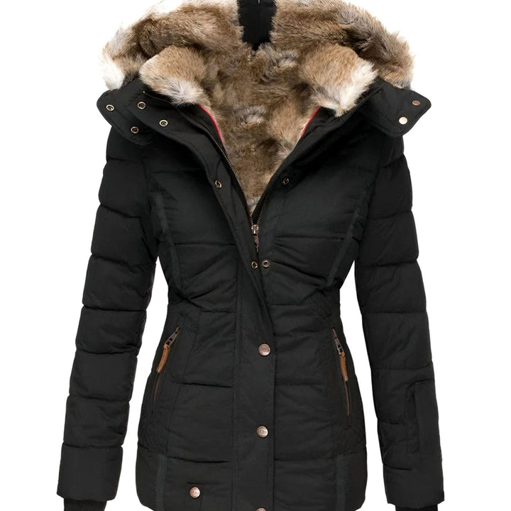 Women's Slim-Fit Quilted Puffer Jacket Faux-Fur Hood - Black