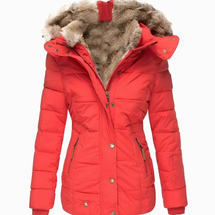 Women's Slim-Fit Quilted Puffer Jacket Faux-Fur Hood - Red
