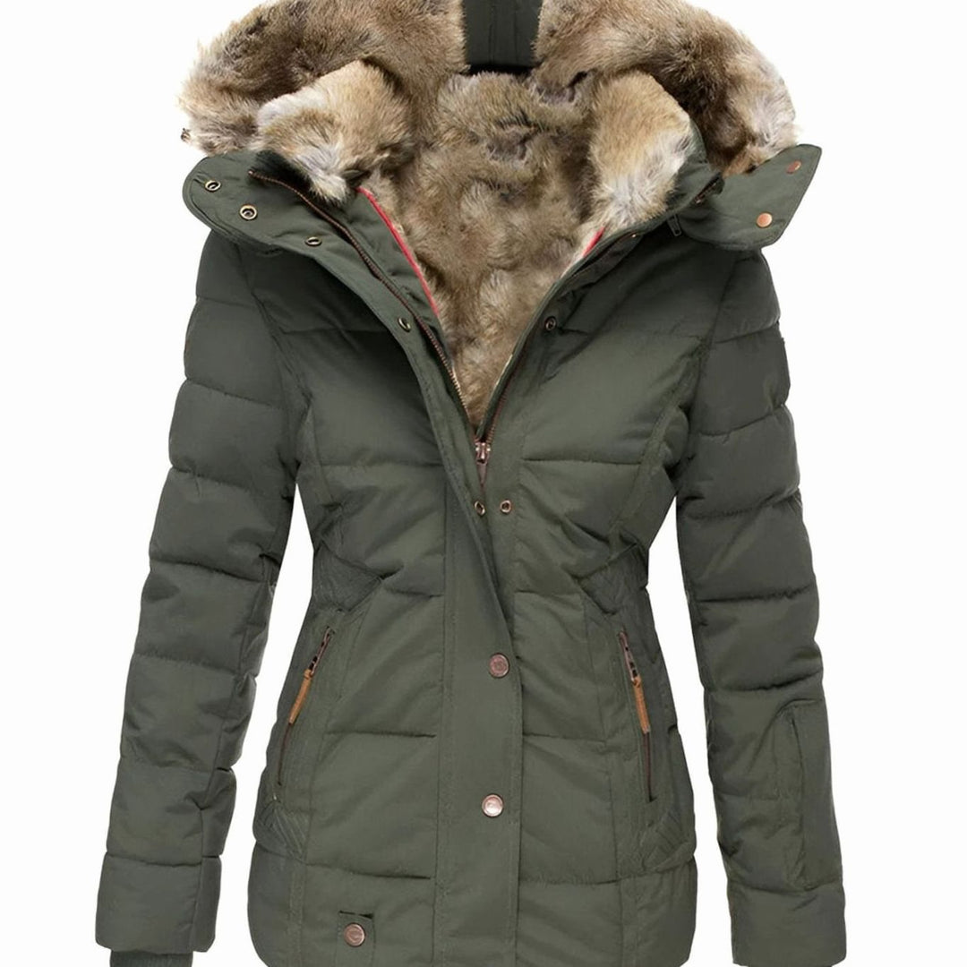Women's Slim-Fit Quilted Puffer Jacket Faux-Fur Hood - Green