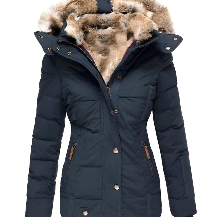 Women's Slim-Fit Quilted Puffer Jacket Faux-Fur Hood - Navy Blue