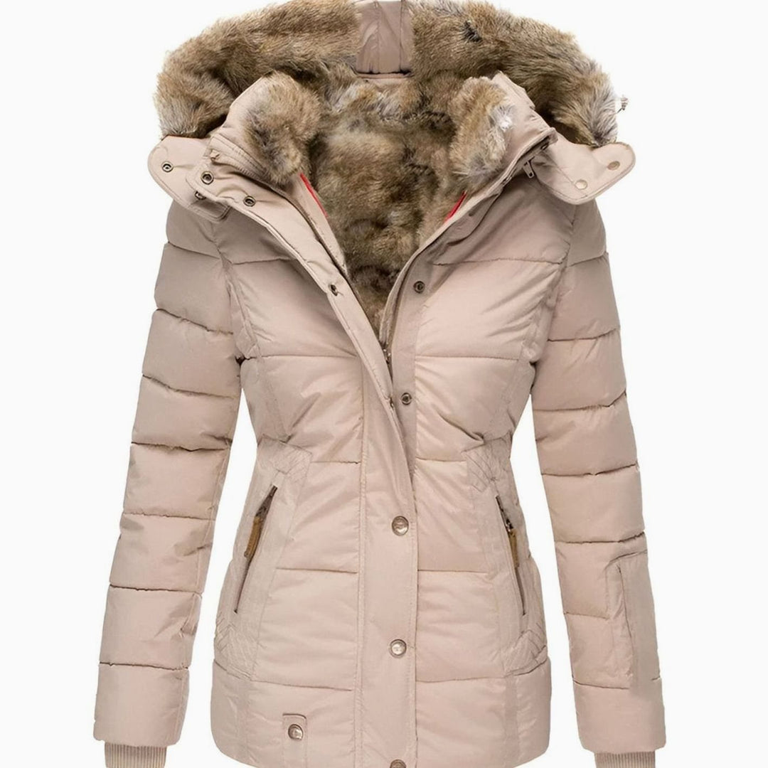 Women's Slim-Fit Quilted Puffer Jacket Faux-Fur Hood - Beige