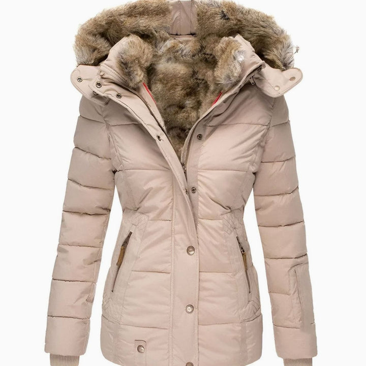 Women's Slim-Fit Quilted Puffer Jacket Faux-Fur Hood - Beige