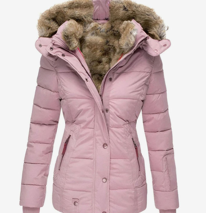 Women's Slim-Fit Quilted Puffer Jacket Faux-Fur Hood - Pink