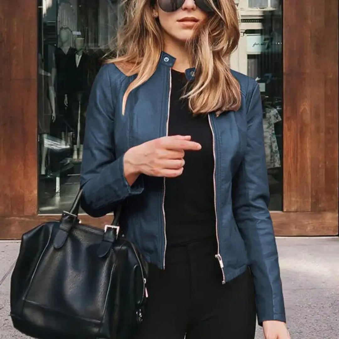 Women's Slim-Fit Zip-Up Faux Leather Jacket - Navy Blue