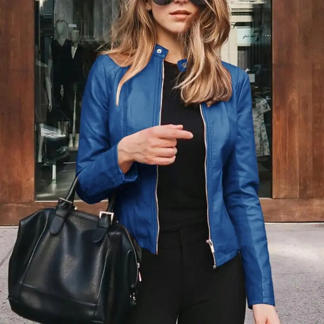Women's Slim-Fit Zip-Up Faux Leather Jacket - Blue