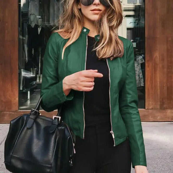 Women's Slim-Fit Zip-Up Faux Leather Jacket - Green