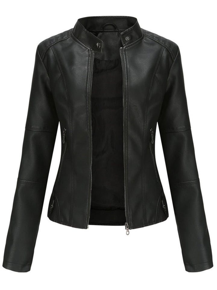 Women's Slim-Fit Zip-Up Moto Faux Leather Jacket - Black