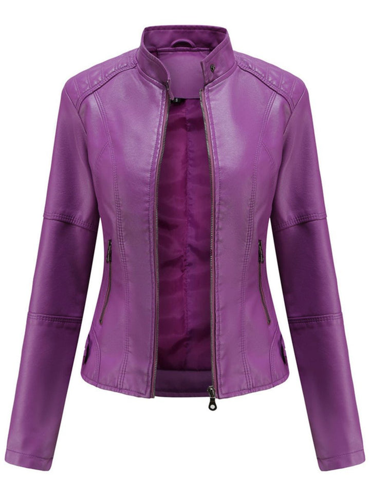 Women's Slim-Fit Zip-Up Moto Faux Leather Jacket - Lilac
