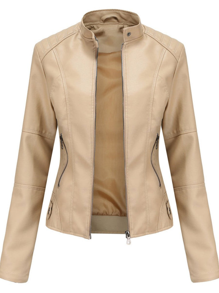 Women's Slim-Fit Zip-Up Moto Faux Leather Jacket - Beige