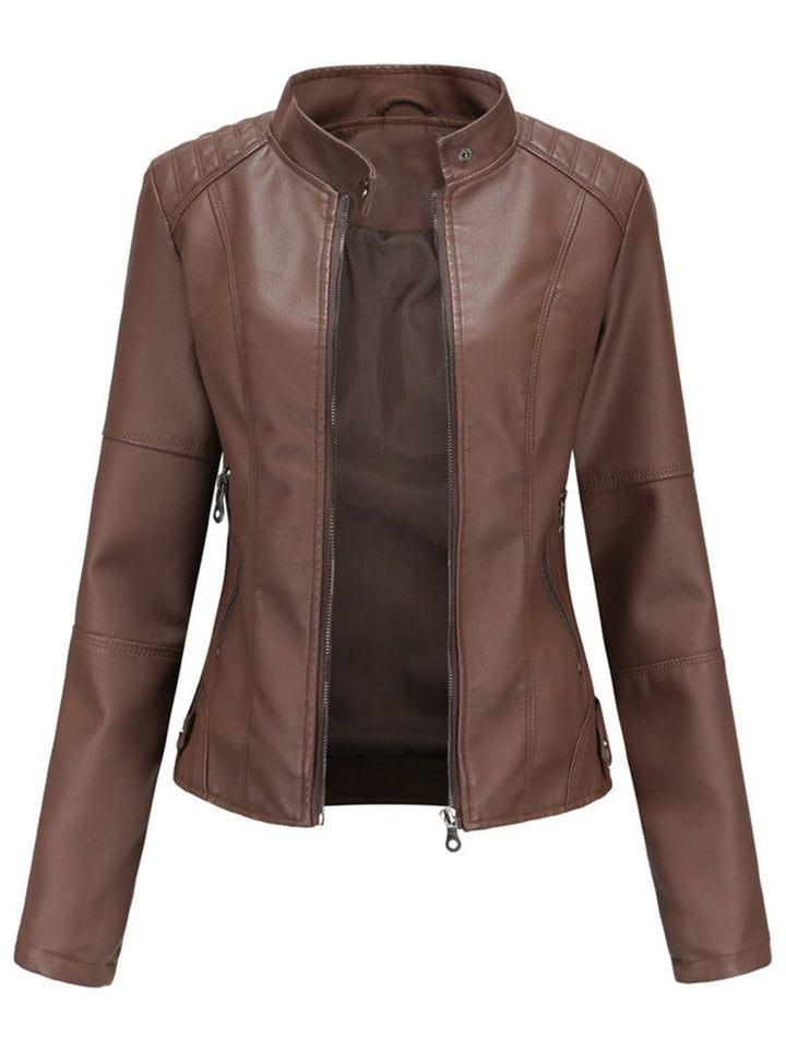 Women's Slim-Fit Zip-Up Moto Faux Leather Jacket - Dark Brown