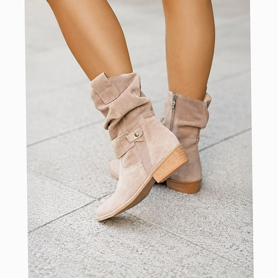 Women's Slouchy Buckle Block-Heel Ankle Boots - Beige