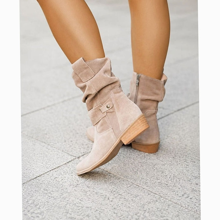 Women's Slouchy Buckle Block-Heel Ankle Boots - Beige