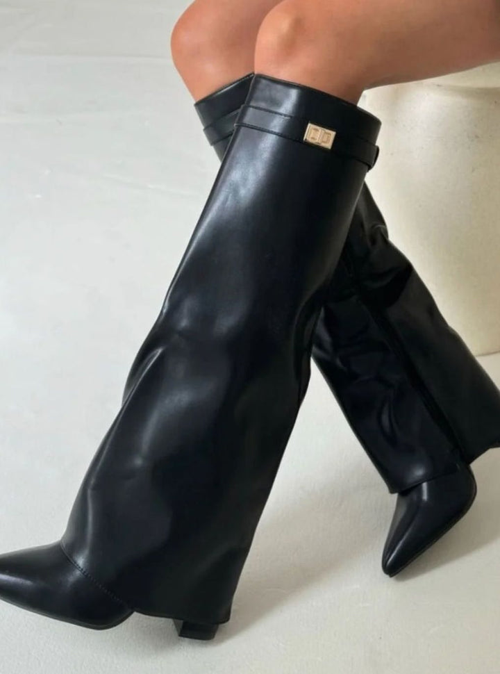 Women's Slouchy Knee-High Suede Fold-Over Heel Boots - Black Leather