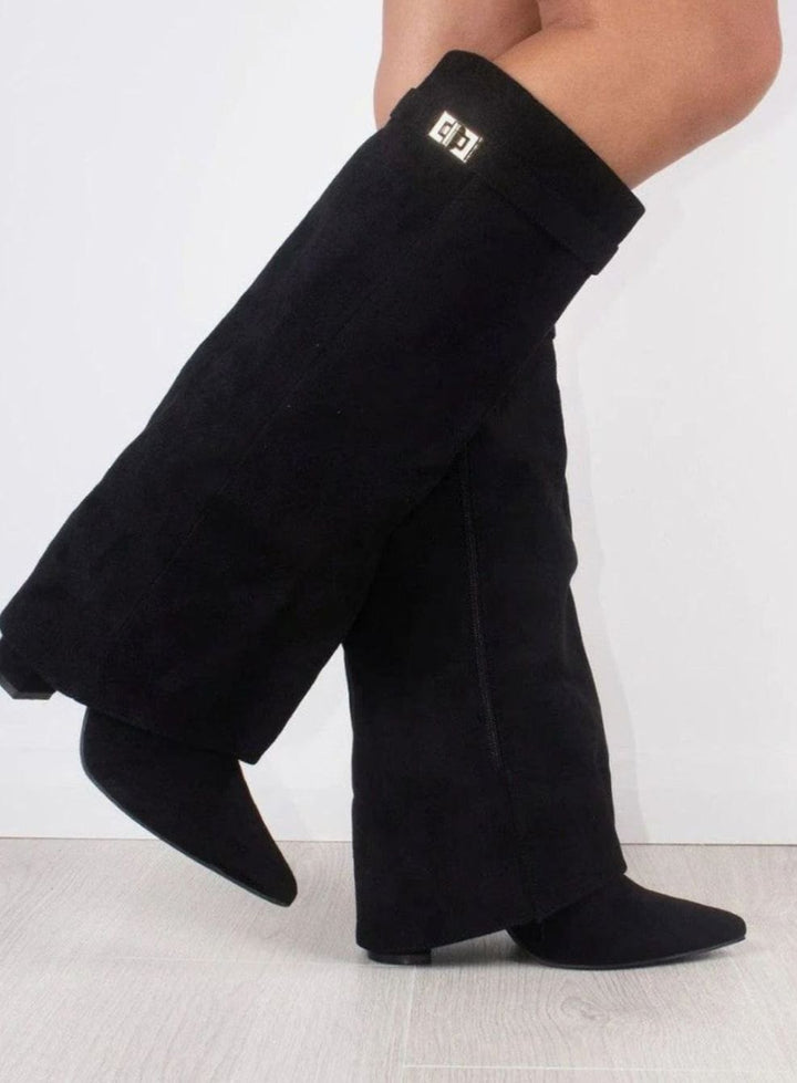 Women's Slouchy Knee-High Suede Fold-Over Heel Boots - Black Suede