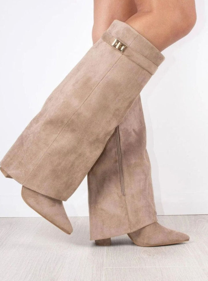Women's Slouchy Knee-High Suede Fold-Over Heel Boots - Beige Suede