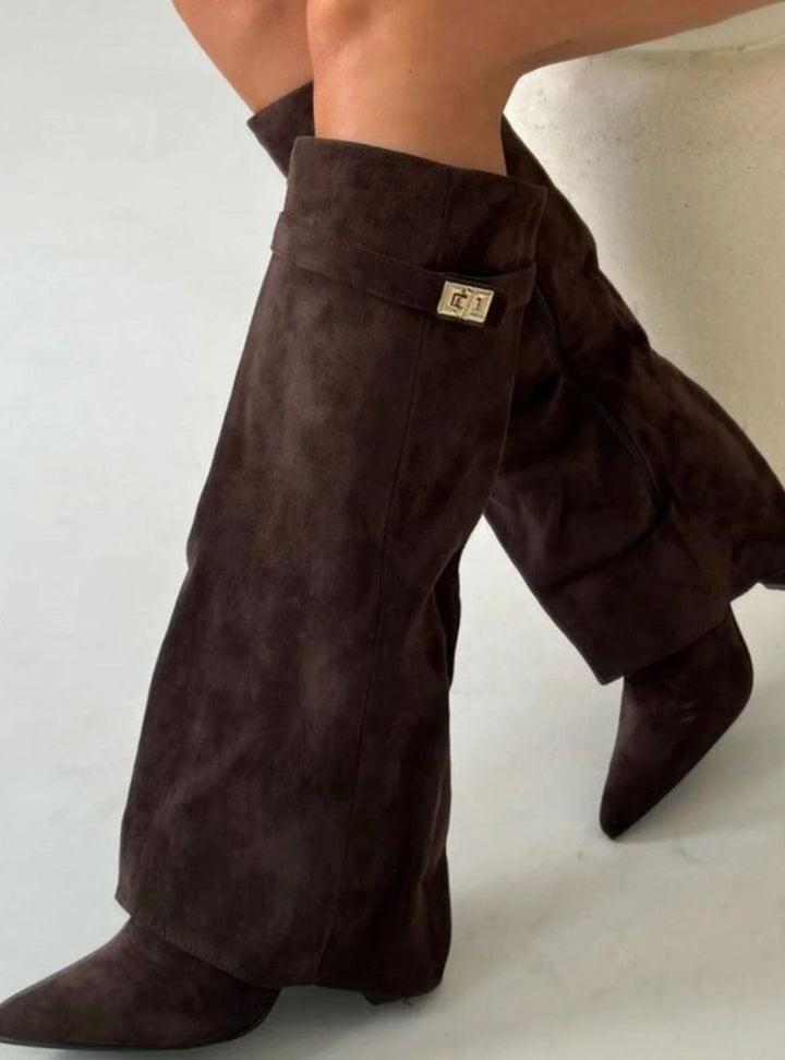 Women's Slouchy Knee-High Suede Fold-Over Heel Boots