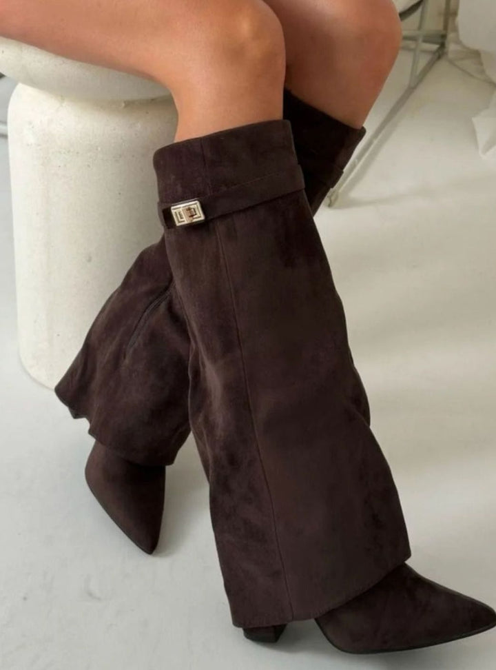 Women's Slouchy Knee-High Suede Fold-Over Heel Boots - Brown Suede