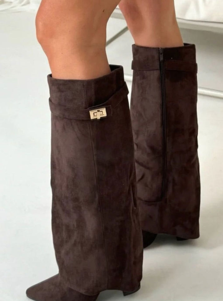 Women's Slouchy Knee-High Suede Fold-Over Heel Boots