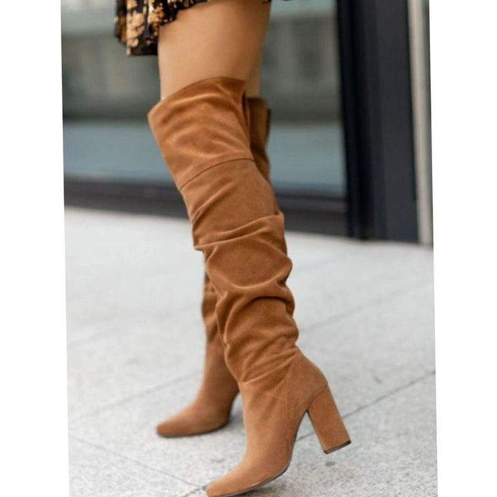 Women's Slouchy Over-The-Knee Block Heel Boots Pointed Toe - Brown