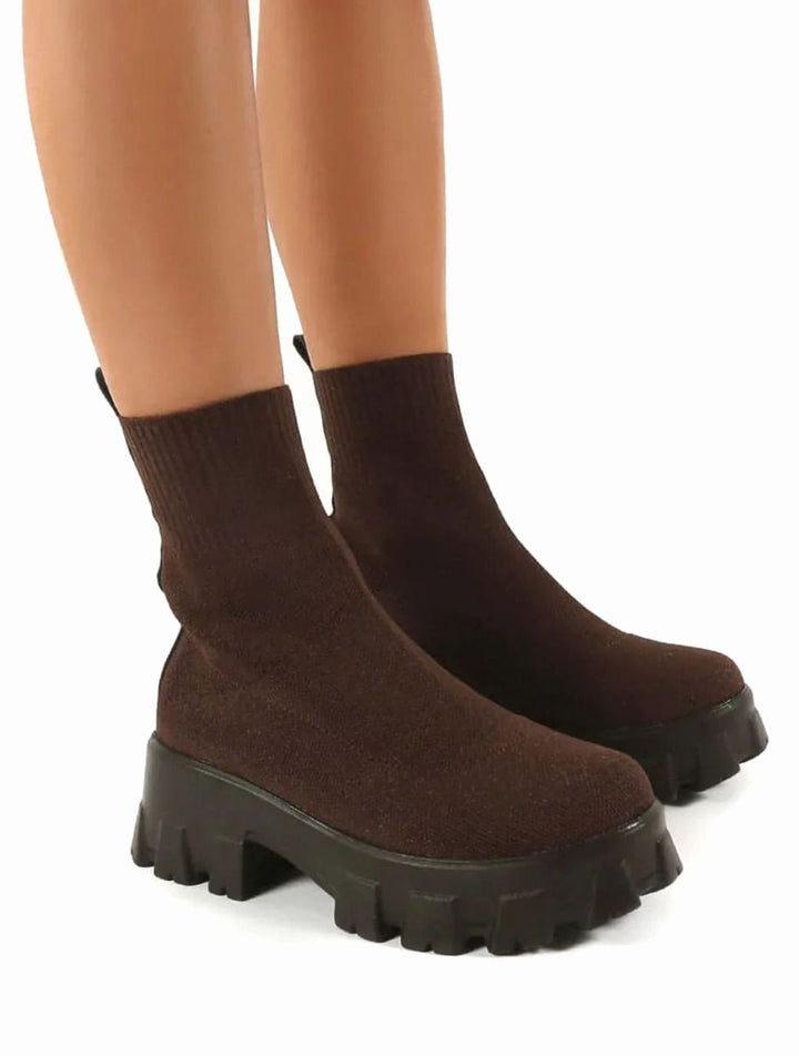 Women's Sock-Style Slip-On Chunky Heel Boots Lug Sole