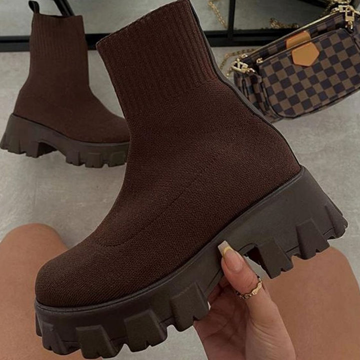Women's Sock-Style Slip-On Chunky Heel Boots Lug Sole - Brown