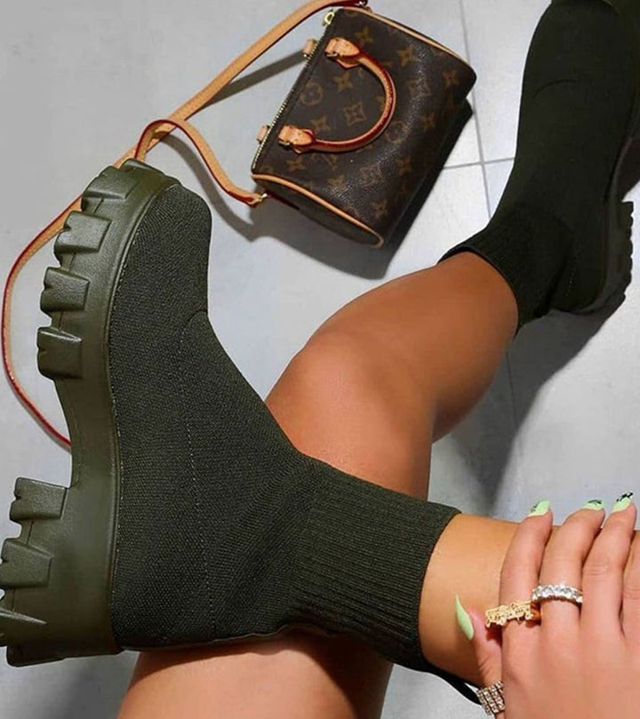 Women's Sock-Style Slip-On Chunky Heel Boots Lug Sole - Green