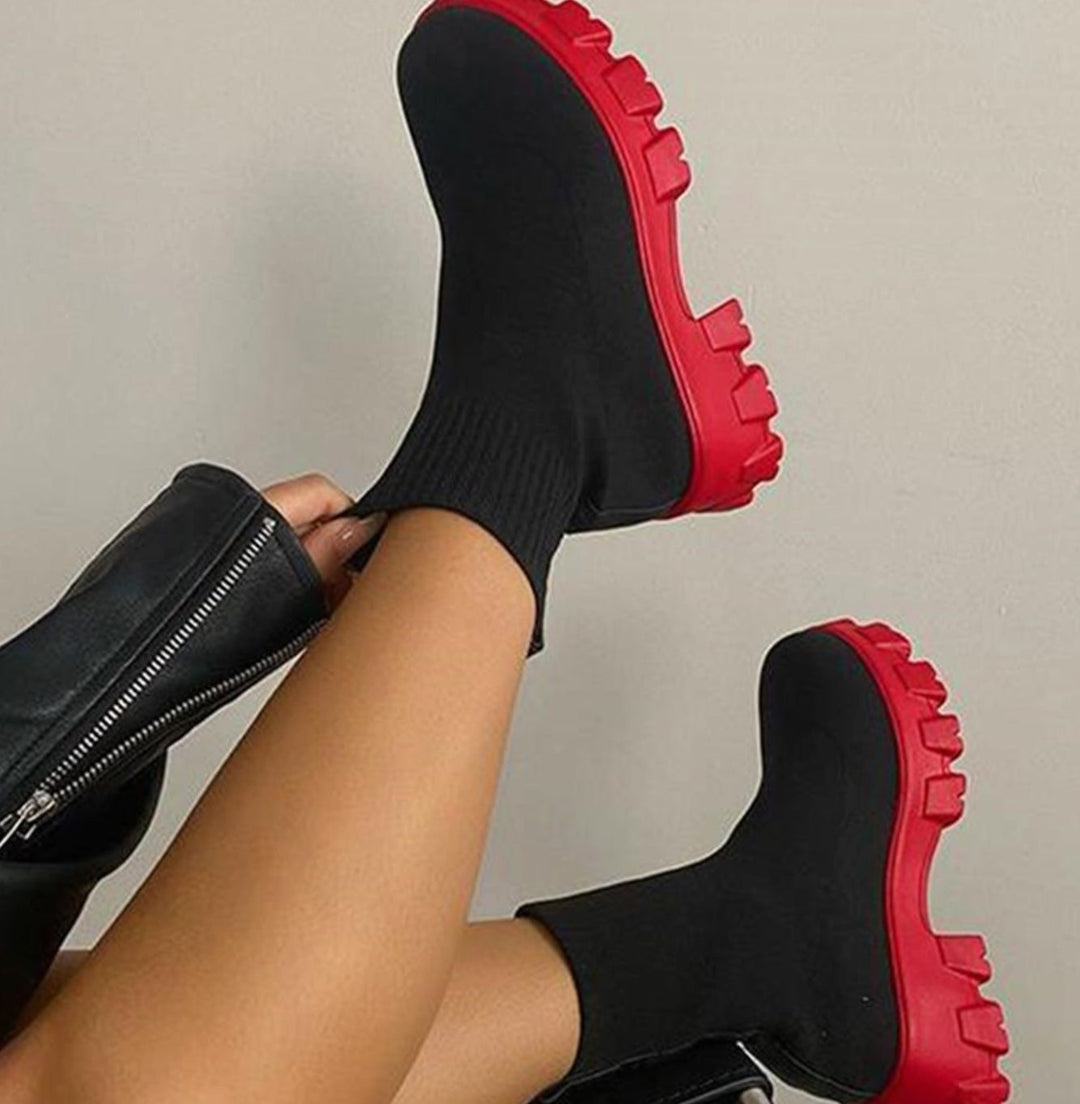 Women's Sock-Style Slip-On Chunky Heel Boots Lug Sole - Black With Red Soles