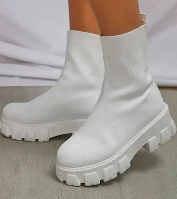 Women's Sock-Style Slip-On Chunky Heel Boots Lug Sole - White