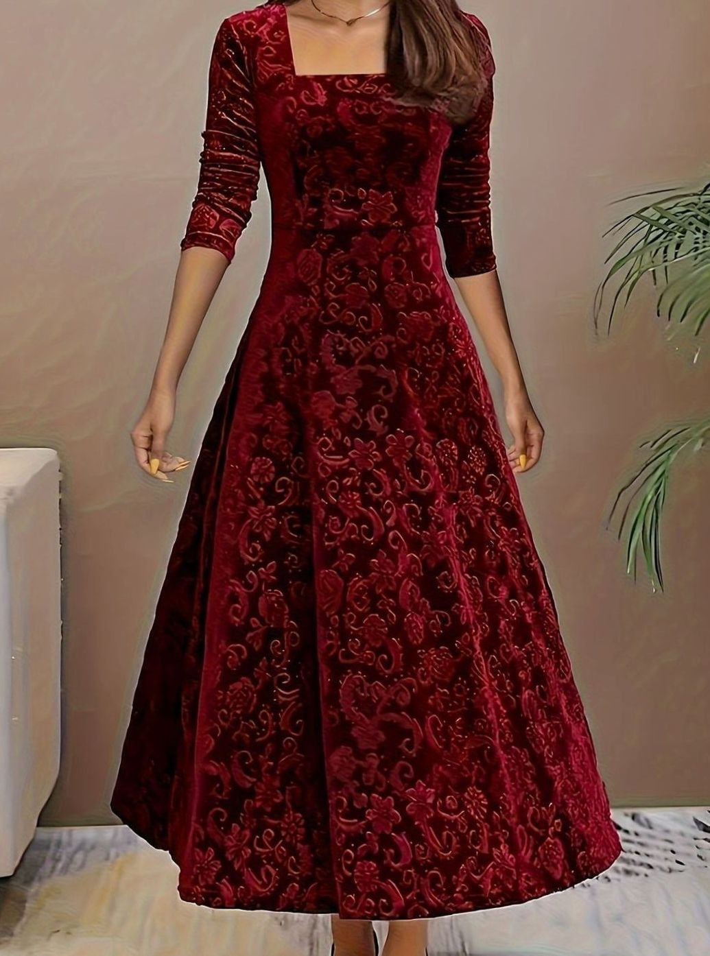 Women's Square Neck Velvet Floral Party Dress Full Skirt - Dark Red