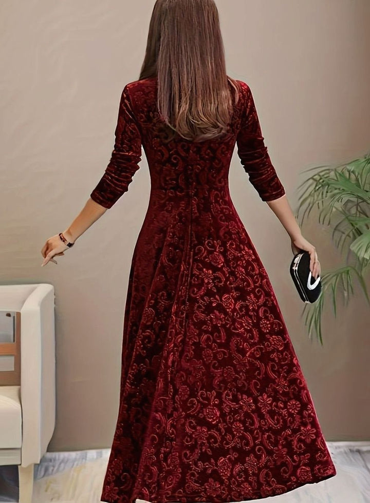 Women's Square Neck Velvet Floral Party Dress Full Skirt