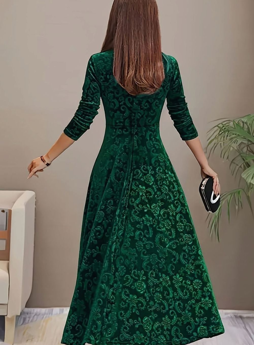 Women's Square Neck Velvet Floral Party Dress Full Skirt