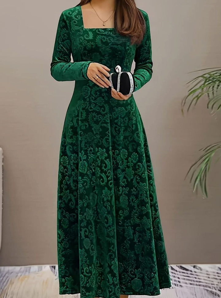 Women's Square Neck Velvet Floral Party Dress Full Skirt - Green