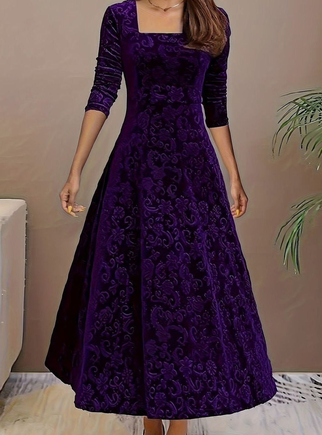 Women's Square Neck Velvet Floral Party Dress Full Skirt - Purple