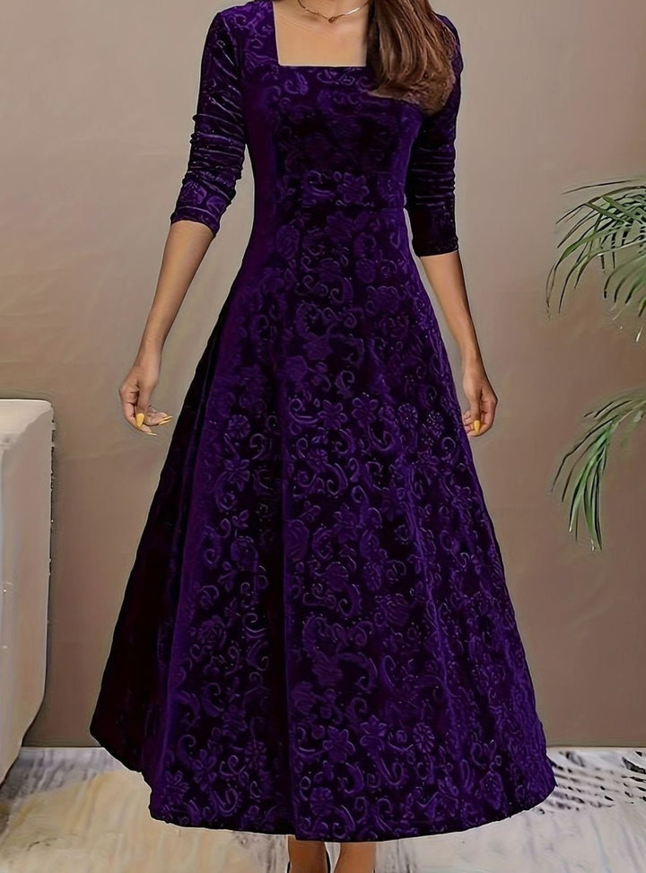 Women's Square Neck Velvet Floral Party Dress Full Skirt - Purple