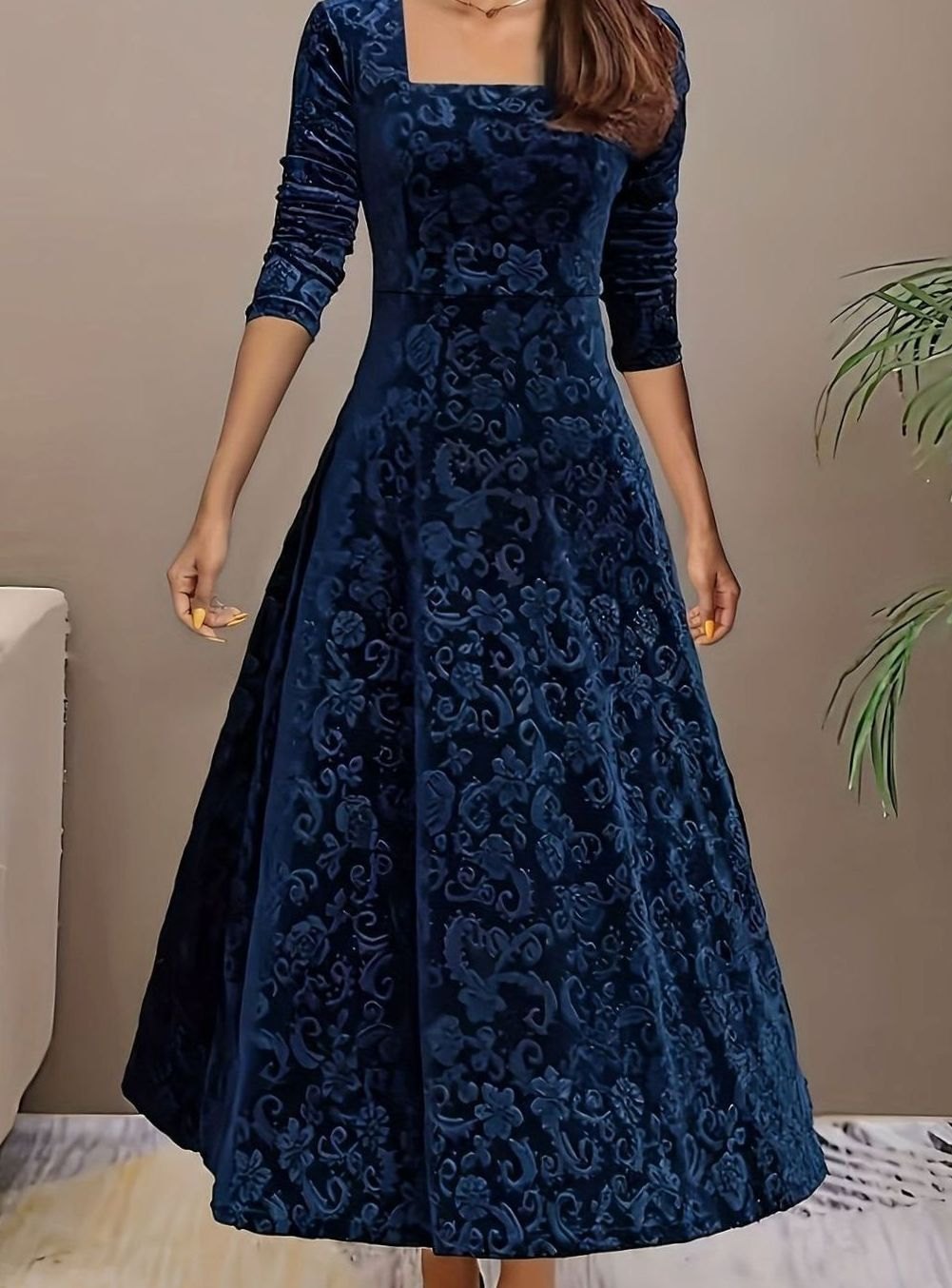 Women's Square Neck Velvet Floral Party Dress Full Skirt - Blue