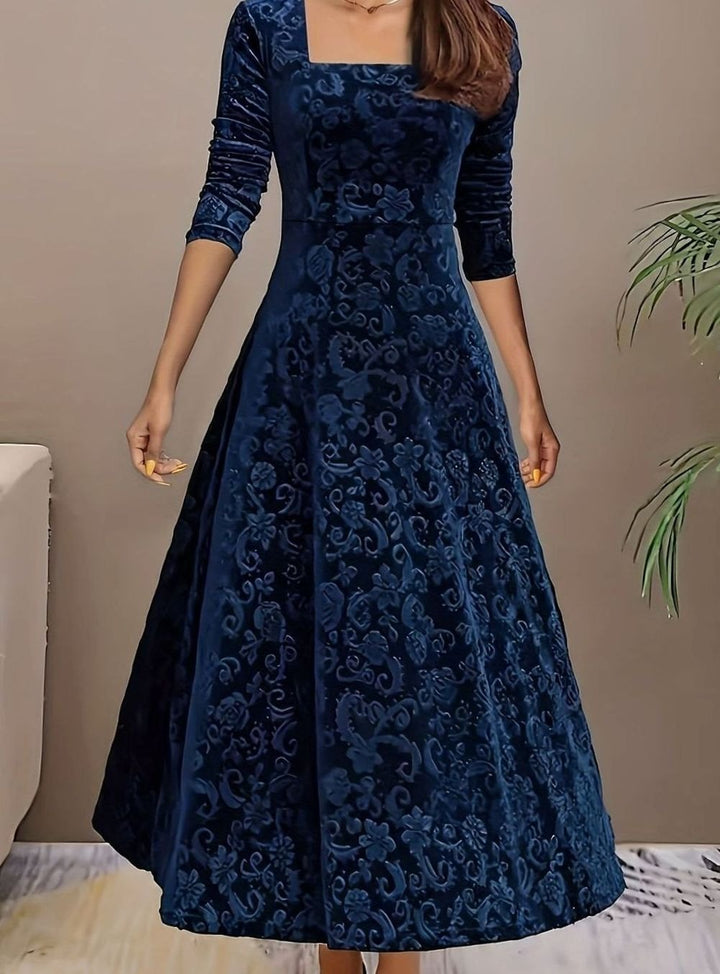 Women's Square Neck Velvet Floral Party Dress Full Skirt - Blue